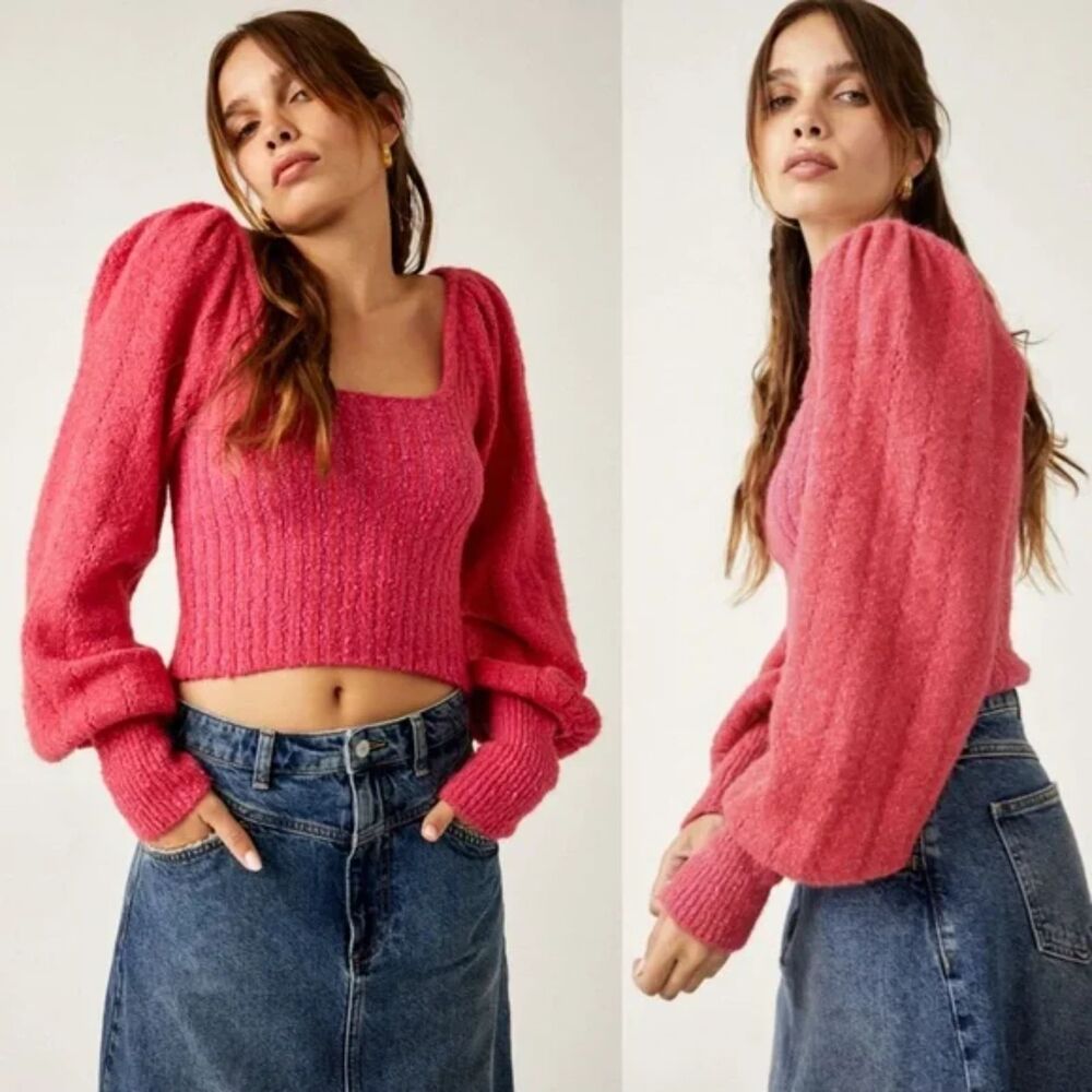 Free People Magenta Cherry Pink Katie Pullover Sweater Size Large